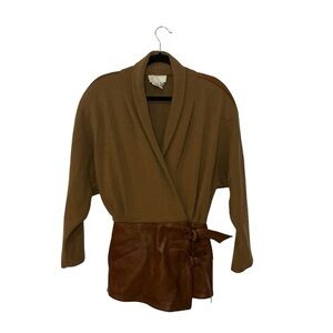 Cache Wool & Leather Wrap Jacket | Tan Wool with Brown Leather Trim Size S